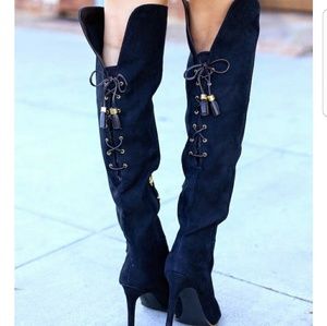 Black suede over the knee boots.